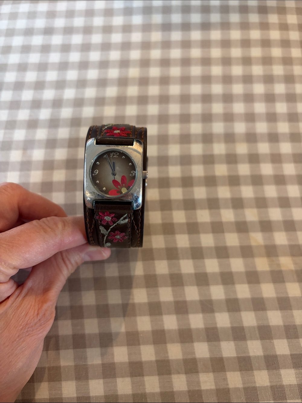 Brown Leather Cuff Watch with Pink Floral Accent by Fat Face